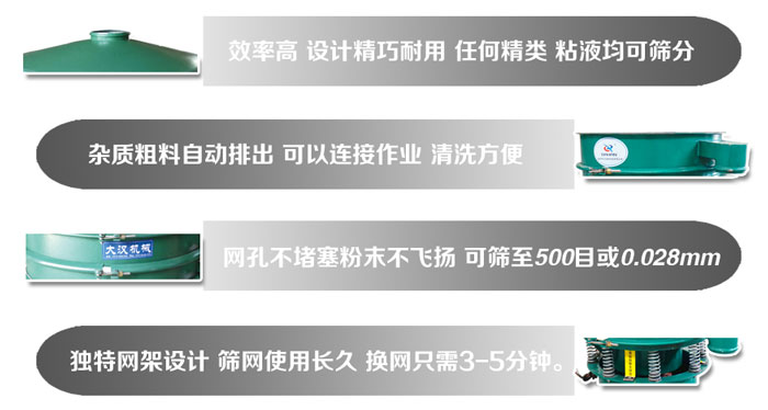 直徑1000mm振動(dòng)篩的特點(diǎn)：效率高，設(shè)計(jì)精巧耐用，任何精類(lèi)，粘液均可篩分，雜質(zhì)粗料自動(dòng)排出，可以連接作業(yè)，清洗方便。網(wǎng)孔不堵塞粉末不飛揚(yáng)，可篩至500目或0。028mm篩網(wǎng)使用長(zhǎng)久，換網(wǎng)只需3-5分鐘。