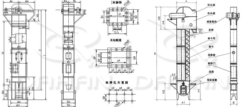 TD/D型斗式提升機(jī)基本結(jié)構(gòu):機(jī)頭蓋，機(jī)頭座，減速電機(jī)，直管，底座，緊張裝置等。