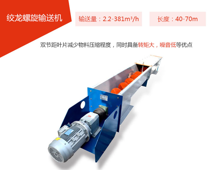 絞龍螺旋輸送機輸送量：2.2-381m3/h 長度：40-70m 雙節(jié)距葉片減少物料壓縮程度，同時具備轉(zhuǎn)矩大，噪音低等優(yōu)點。