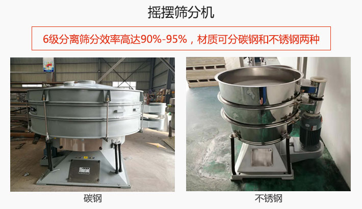 搖擺篩分機(jī)6級(jí)分離篩分效率高達(dá)90%-95%，材質(zhì)可分碳鋼和不銹鋼兩種。