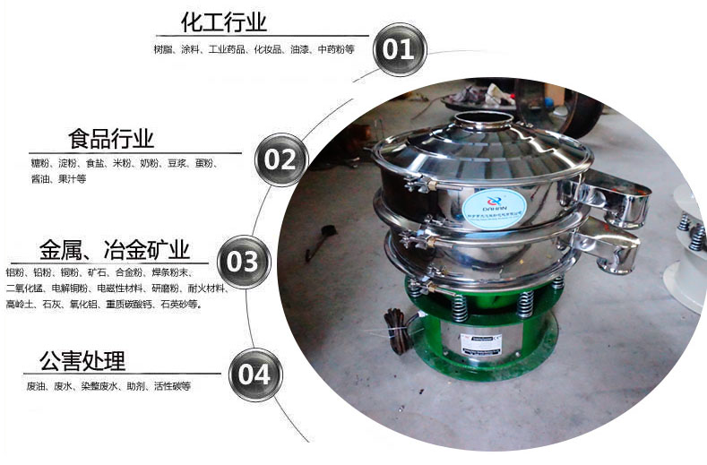 面粉振動篩粉機(jī)適用于化工，食品，金屬、冶金，公害處理等行業(yè)